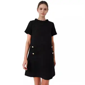 jeremyunderly Womens Elegant Tweed Dress Short Sleeve Crew Neck A-line Dress Mini Skirt Casual Soft Party Business Holiday Dresses