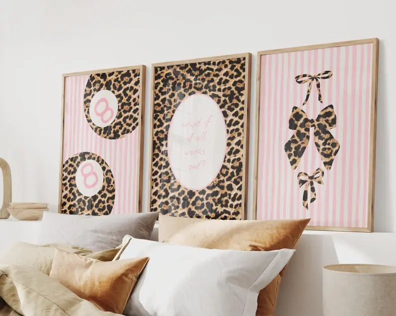 Pink Leopard Set of 3 8 Ball Lucky, Trendy Bow Leopard Wall Art for Preppy Dorm Decor