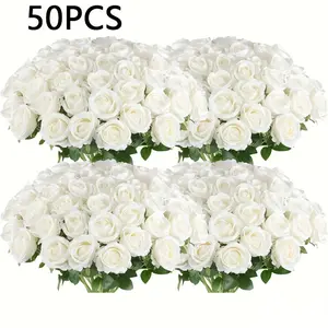 50 realistic artificial white roses with stems-realistic PE foam roses with green leaves, 3.15-inch flowers and 8.26-inch stems, flexible wire stems, suitable for wedding bouquets, bride gifts, home decoration and Valentine's Day, Diy Artificial Rose