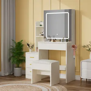 Vanity Desk with LED Mirror and Stool, Makeup Table with 4 Drawers and Open Storage Shelves, Sliding Lighted Dressing Table for Bedroom & Bathroom