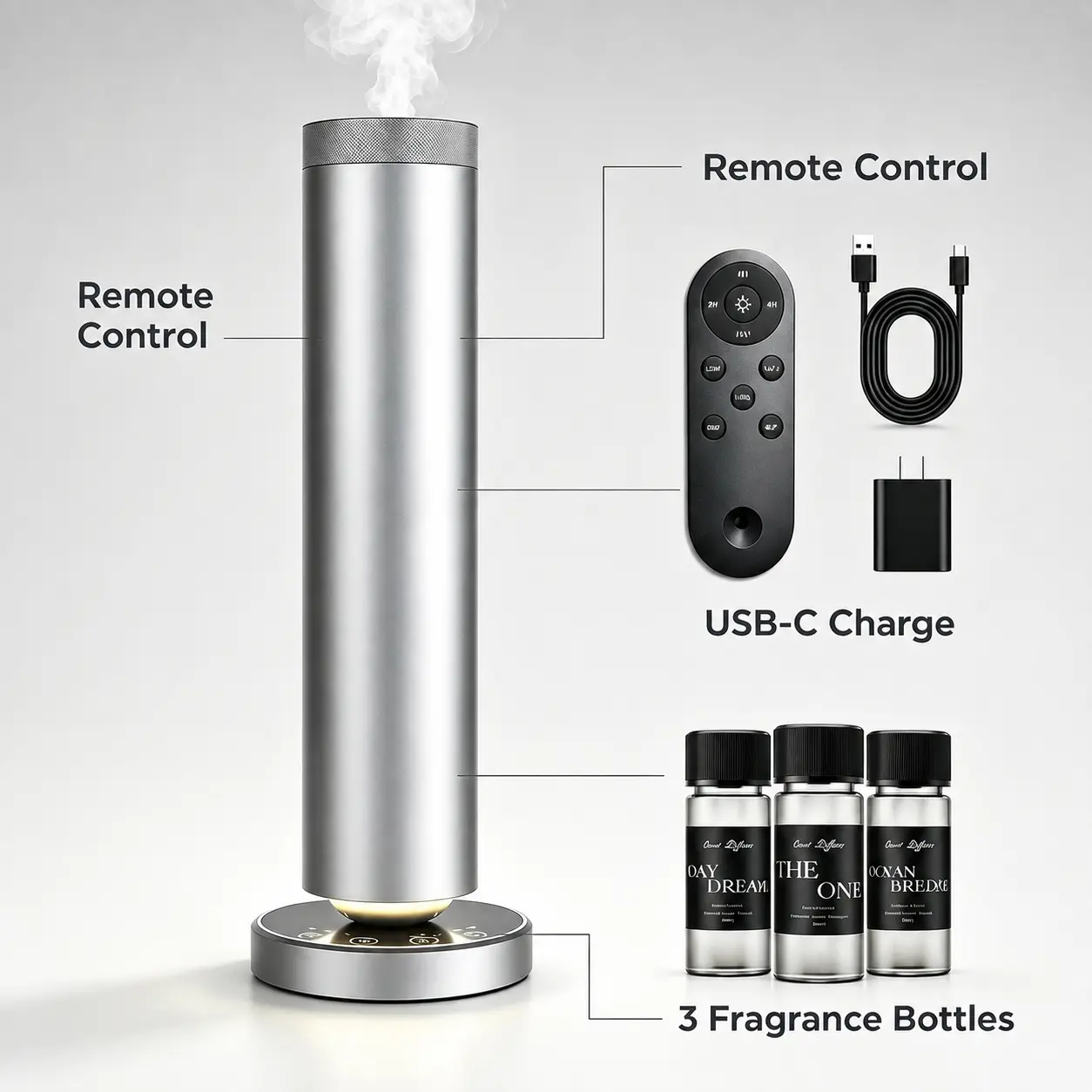 Upgraded Waterless Diffuser Remote Control LED 1000 Sq Ft 3 Luxury Hotel Oils Silver Finish Home Office Calming Gift for Anxiety Relief