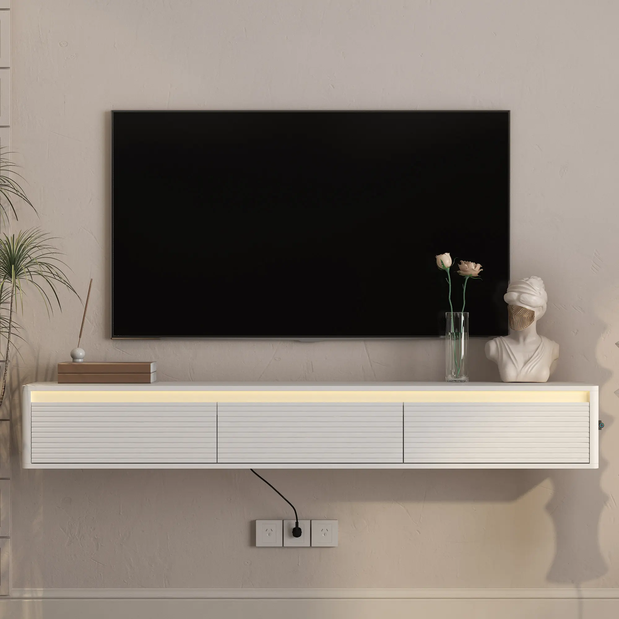 Spaco 47.2" Floating TV Stand Wall Mounted with LED Lights & Power Outlet – Fluted Media Shelf with Cable Management, Modern Entertainment Center for Living Room