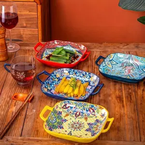 4-Piece Ceramic Plates Set,7-inch Creative Home Dishes,Fruit Pasta Appetizers,Desserts Dishes, Ovens & Microwaves Safe,Mother's Day Gift Boho Colourful Tableware Home Cutlery Tableware