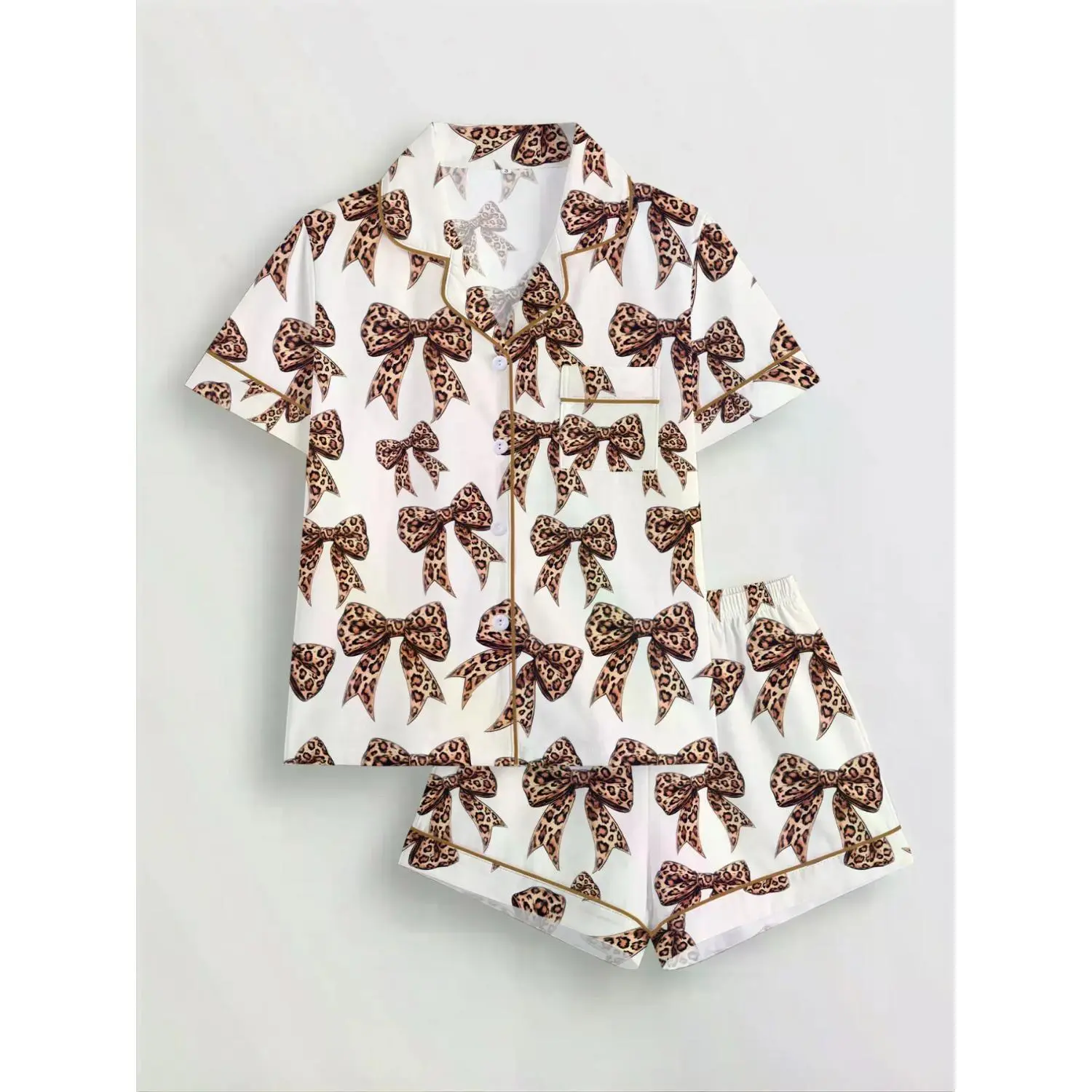 Leopard Bow Print Women's Pajama Set: Short Sleeve Button-Up Top & Elastic Shorts - Casual All-Season Loungewear Sleepwear for Everyday Comfort