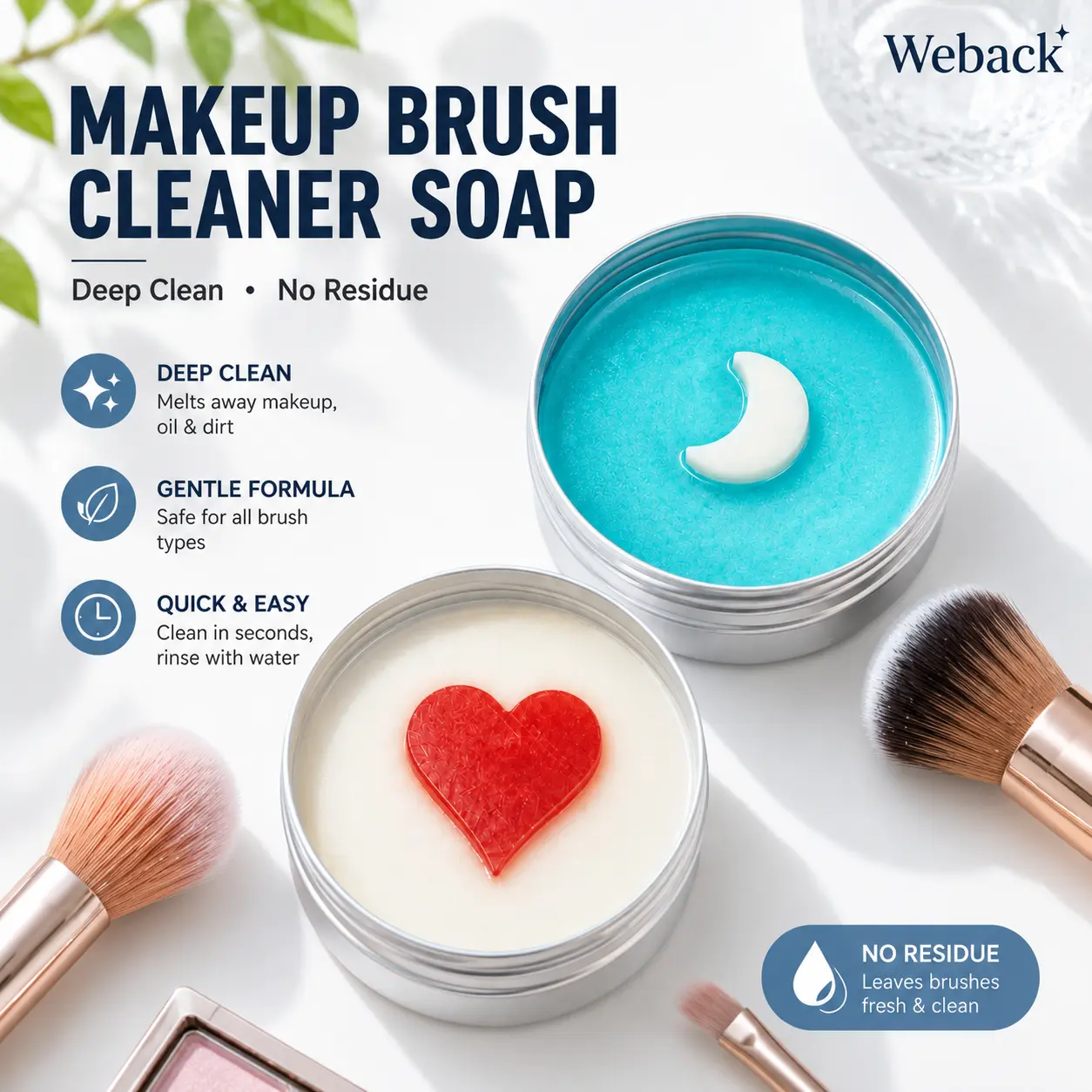 Weback 2-in-1 Makeup Brush Cleaner Soap with Silicone Pad, Solid Cleanser for Beauty Blenders, Sponges & Brushes, Deep Cleans Waterproof Makeup, Vegan & Cruelty-Free, Gentle & Residue-Free, 3.52 Oz