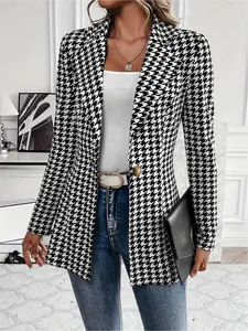 Women's Houndstooth Print Open Front Blazer, Casual Long Sleeve Outerwear for Work Office Business, Ladies Clothes for All Seasons, Womenswear