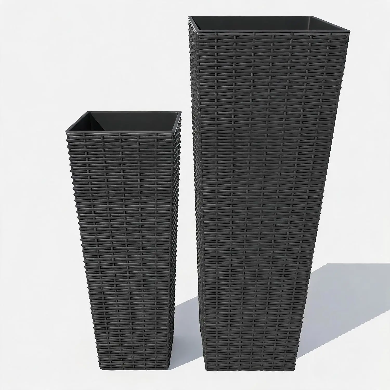 2 Pack Tall Rectangular Black Modern Plastic Planters - Built-in Drainage Holes, Removable Liners, Crack & Deformation Resistant All-Weather Containers for Indoor/Outdoor Trees, Shrubs, Flowers, Entryways