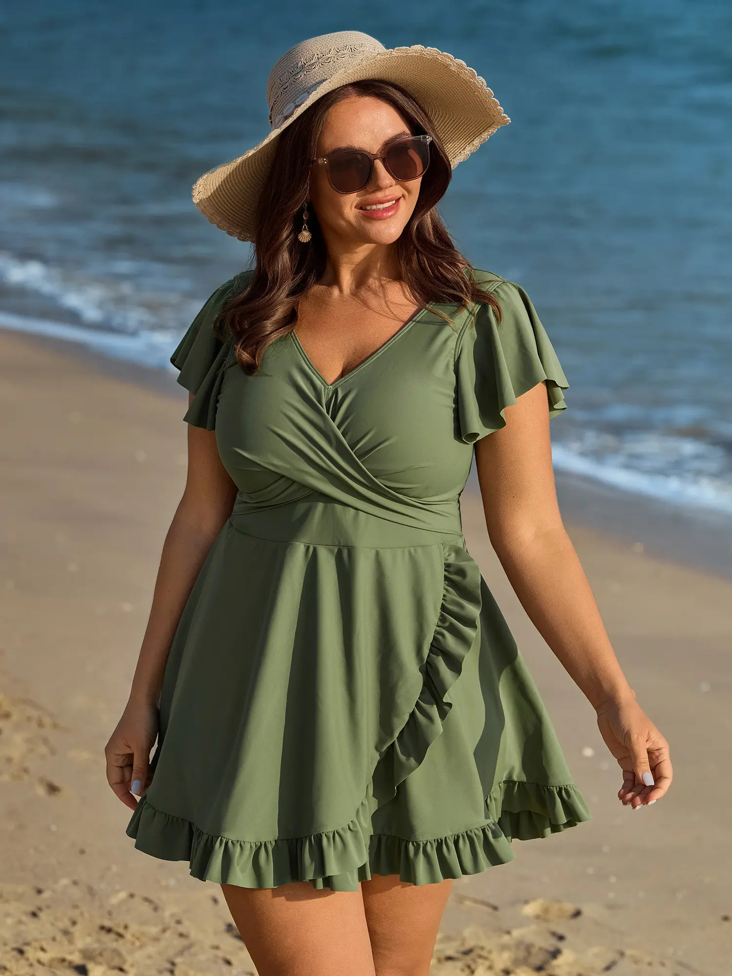 Women's Plus Size Tunic Swim Dress Bathing Suit - V-Neck, Tummy Control, Ruffled Cap Sleeves, Built-in Shorts - Beach Outfits, Swimsuit for Women, Plus Size Swimsuits, Summer Finds, Women's Swimsuits,Summerfinds