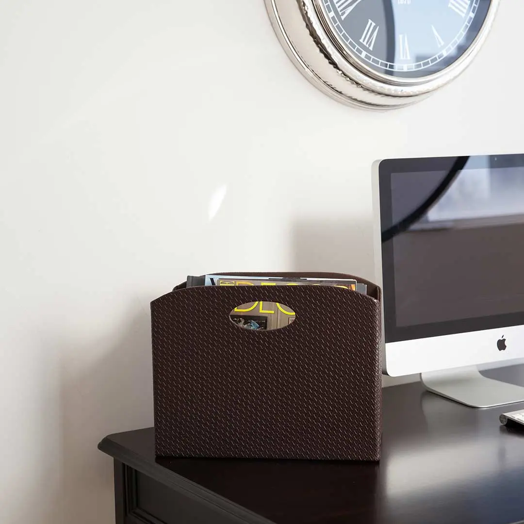 BLU MONACO Vegan Leather Magazine Holder - Decorative Office Desk Accessory with Handles, 13.75in x 7.5in x 10.5in Storage Organizer for Office Storage, Book, Dorm Room Decor, Bathroom (Great for Back to School)