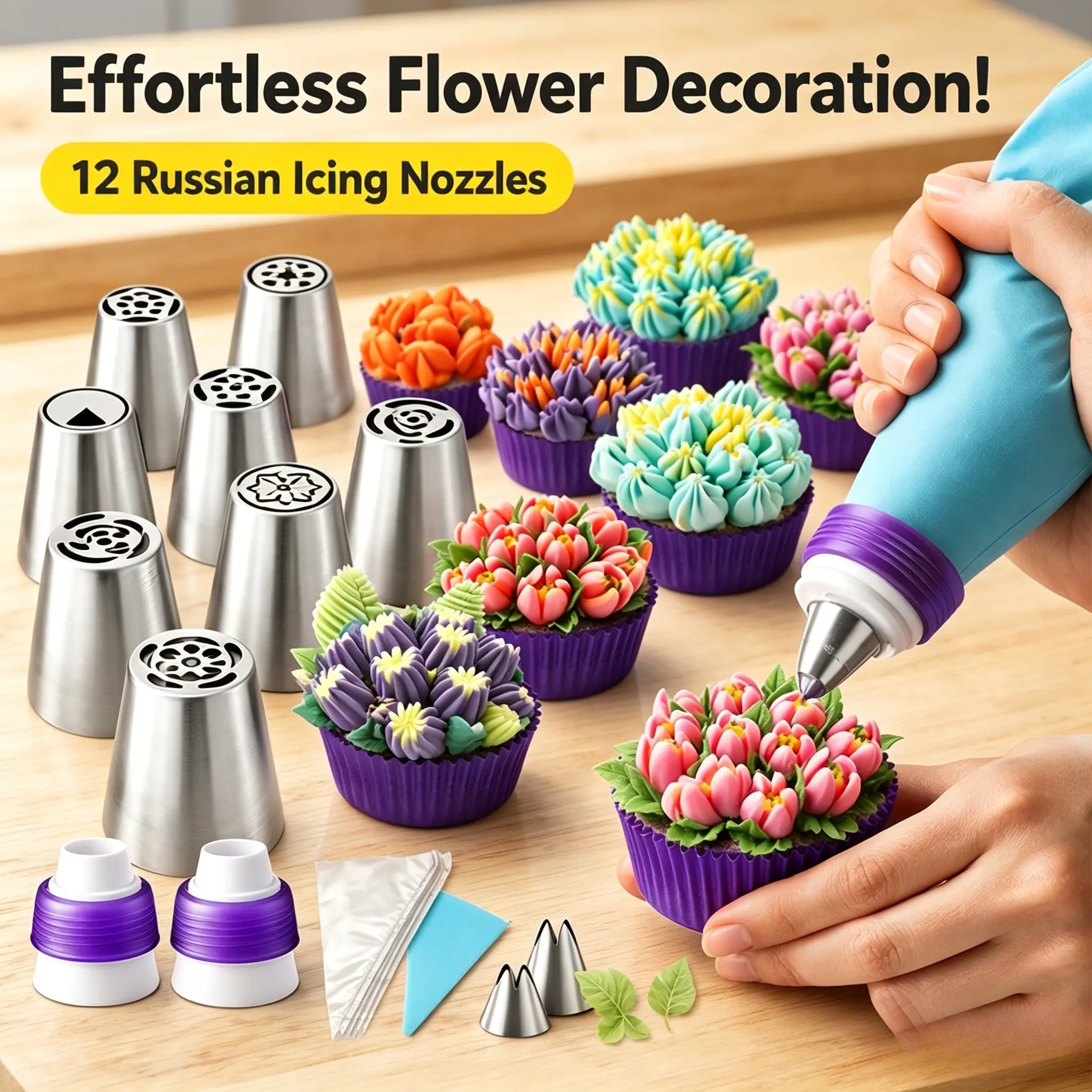 27Pcs Reusable Stainless Steel Russian Piping Nozzles Tips Set - Kitchen Bakeware Pastry Decorating Tools with Flower Designs, Leaf Shapes, Easy Piping for Beginners, Cupcake Cookie Accessories, Food-Grade PP Bags Compatible Supplies