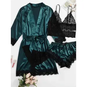 Women’s Sexy Lace Satin Pajama Set – Black Polyester, V-Neck, Contrasting Lace, Soft and Comfortable, Adult Sleepwear with Ribbon Waistband, Basic Women’s Wear