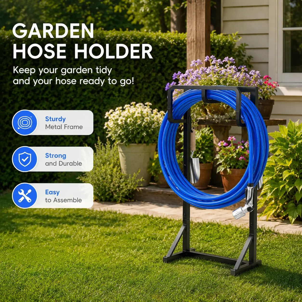 Standalone Garden Water Pipe Support Frame, Heavy-Duty Outdoor Garden Hose Holder for Lawns and Yards, Black Iron Decorative Hose Stand with 3-Prong Base and 4-Screw Stabilization Fixing Device