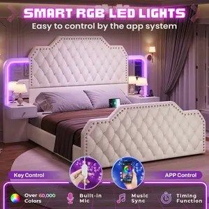 Sikaic PU Leather Upholstered LED Bed Frame with 2 Nightstands White Platform Bedframe Furniture Bedroom Diamond Tufted Headboard & RGB LED Light Strip