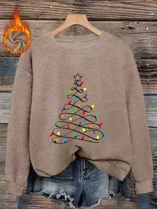 Women's Christmas Tree Print Fitted Sweater Top, Casual Round Neck Mock Wool Pullover, Comfortable Fall & Winter Fashion