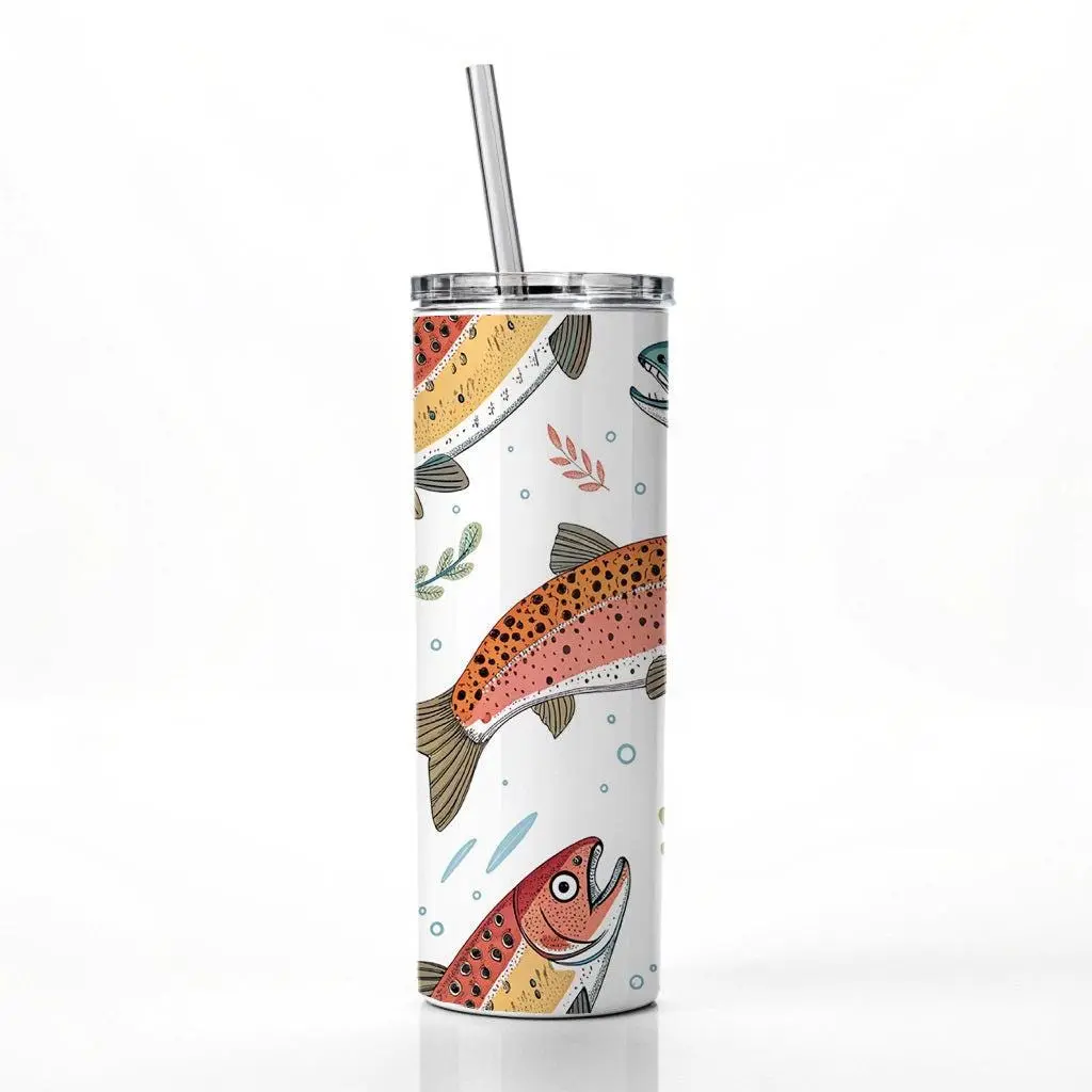 [SALE UP TO 45%] Trout Fish Swimming Fishing Skinny Tumbler 20oz, Funny Stainless Steel Tumbler, Gift for Him and Her, Fishing Merchandise