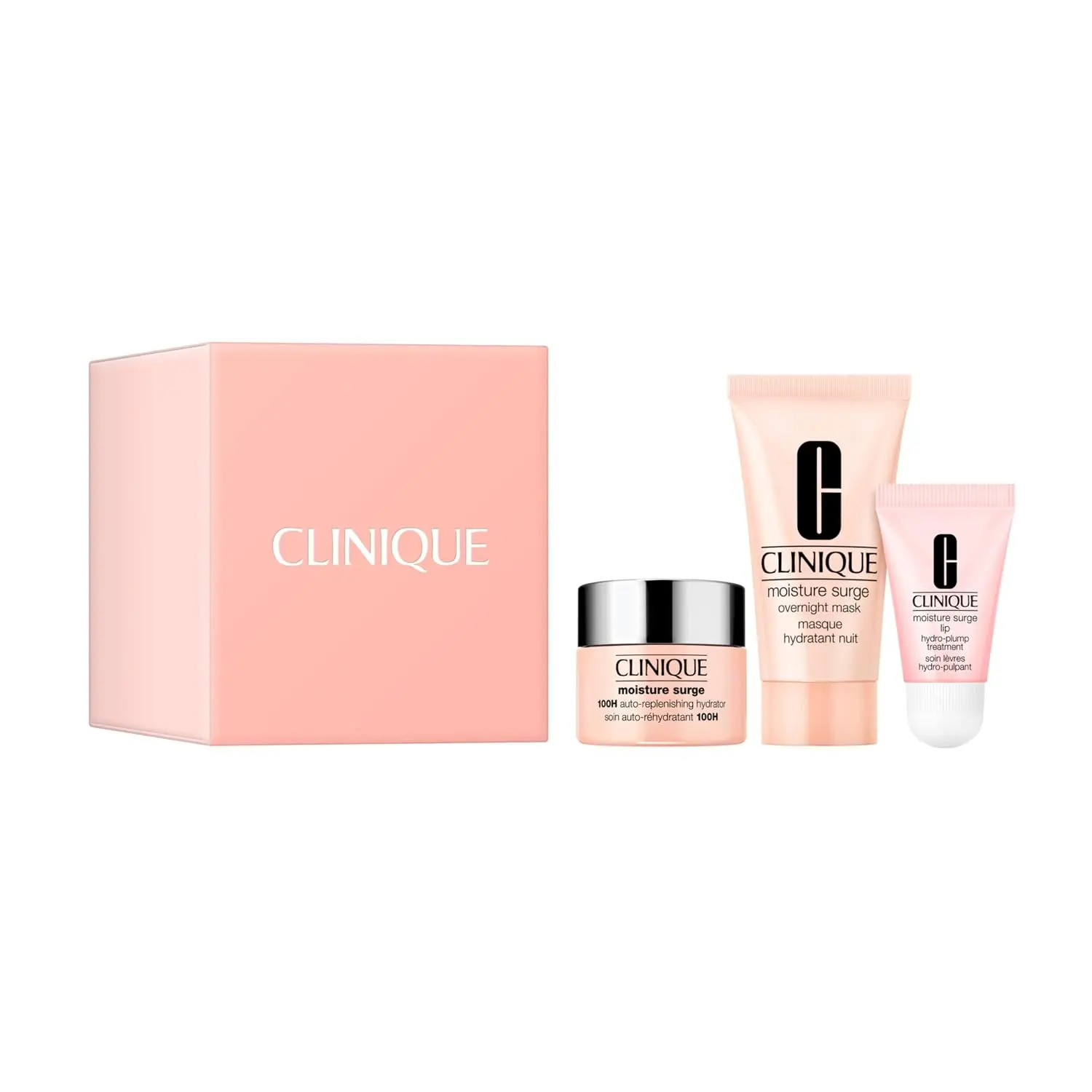 Clinique Hydration Heroes Gift Set |   Moisture Surge 100H Moisturizer |   Moisture Surge Overnight Mask |   Lip Treatment |   Hydrating + Glow |   Includes 3 Travel Size Pieces