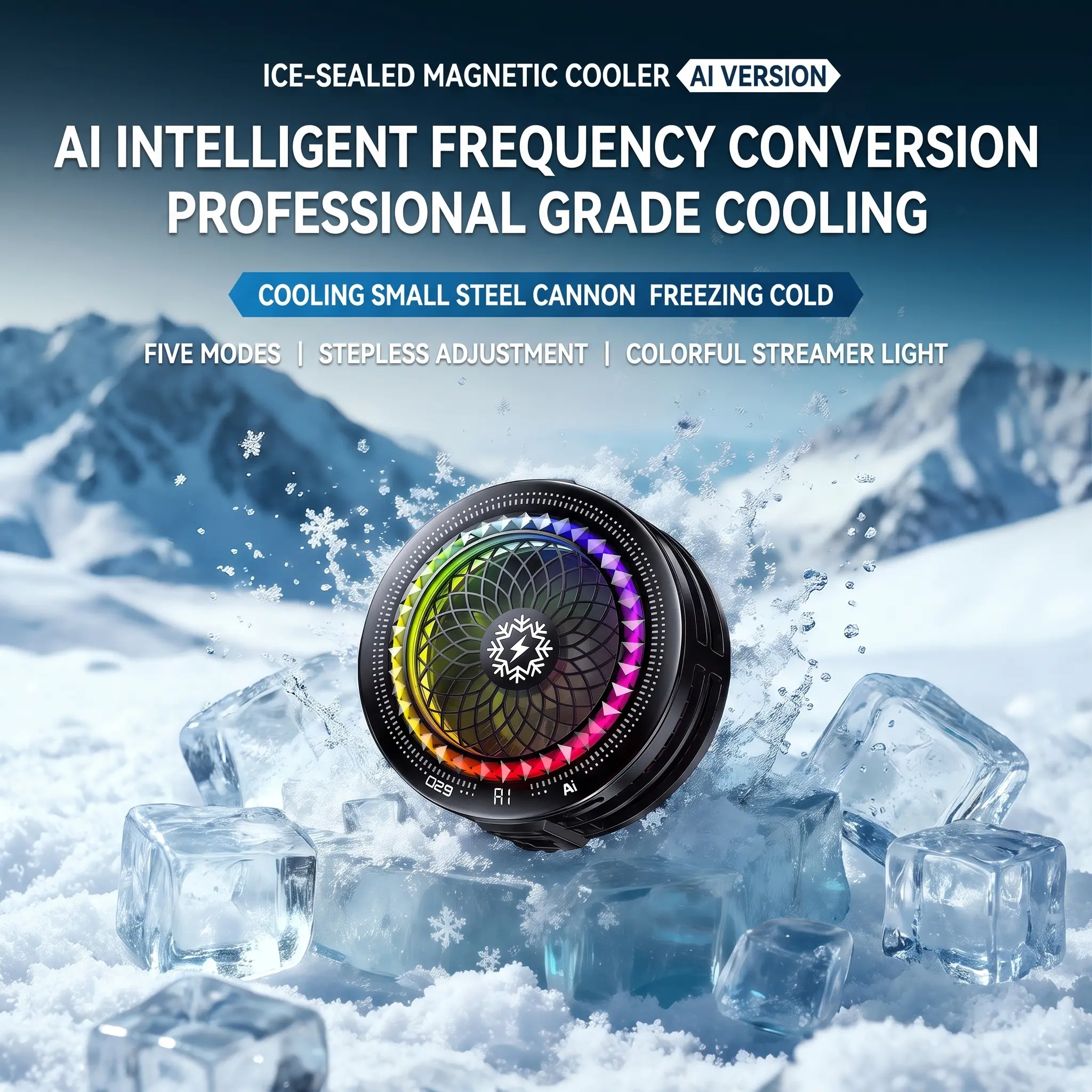 AI Magnetic Semiconductor Phone Cooler with Back Clip, 100-Level Adjustable RGB Fast-Cooling USB Fan, Universal Gaming Mobile Radiator for Live Streaming (Black)