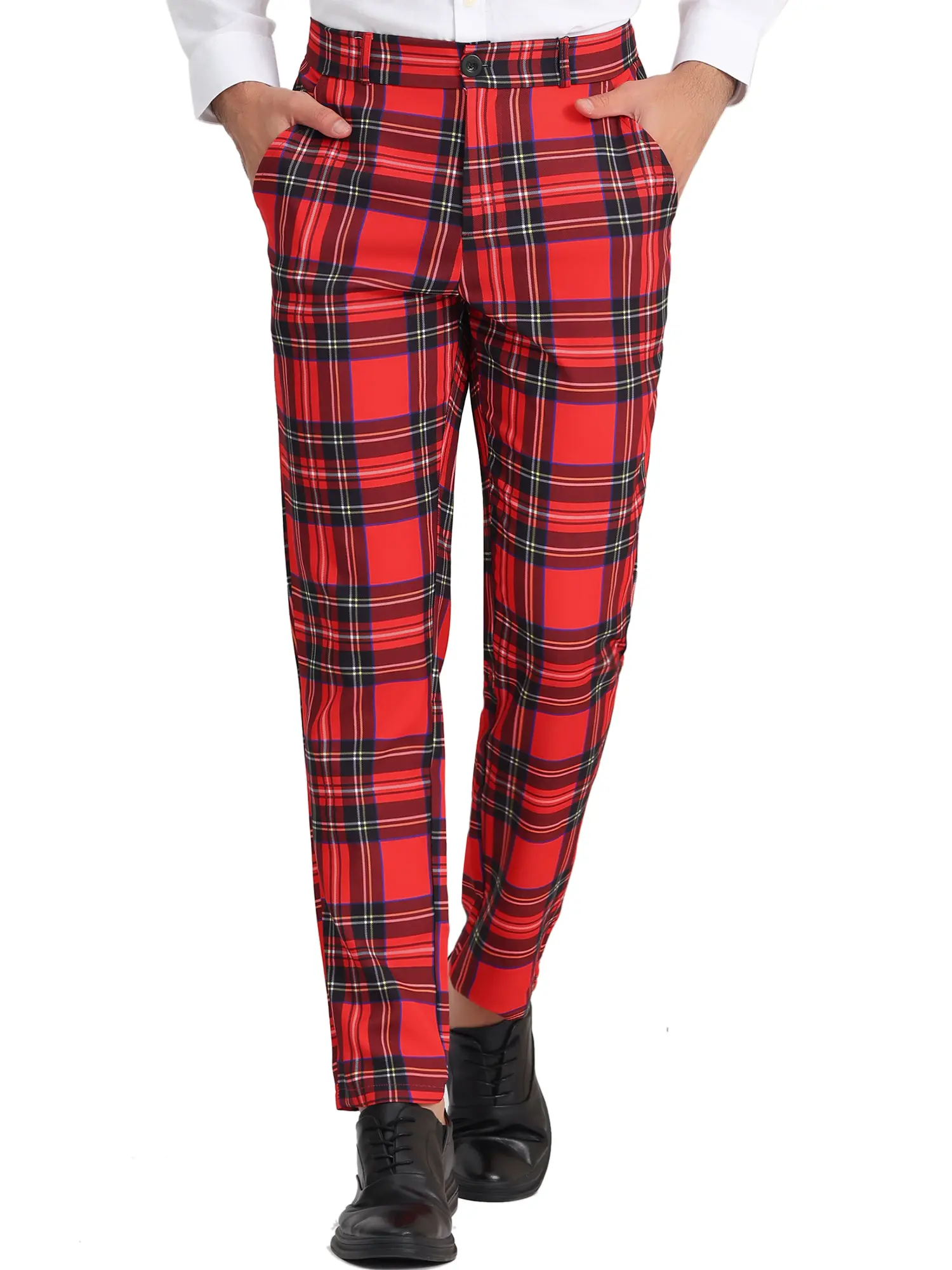 INSPIRE CHIC Men's Plaid Dress Pants Flat Front Business Trousers Checked Suit Pants