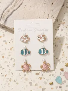 3 Pairs Ocean Animal Stud Earrings Set for Women, Cute Clownfish Turtle Enamel Pearl Earrings, Nautical Summer Beach Vacation Fashion Jewelry Gift