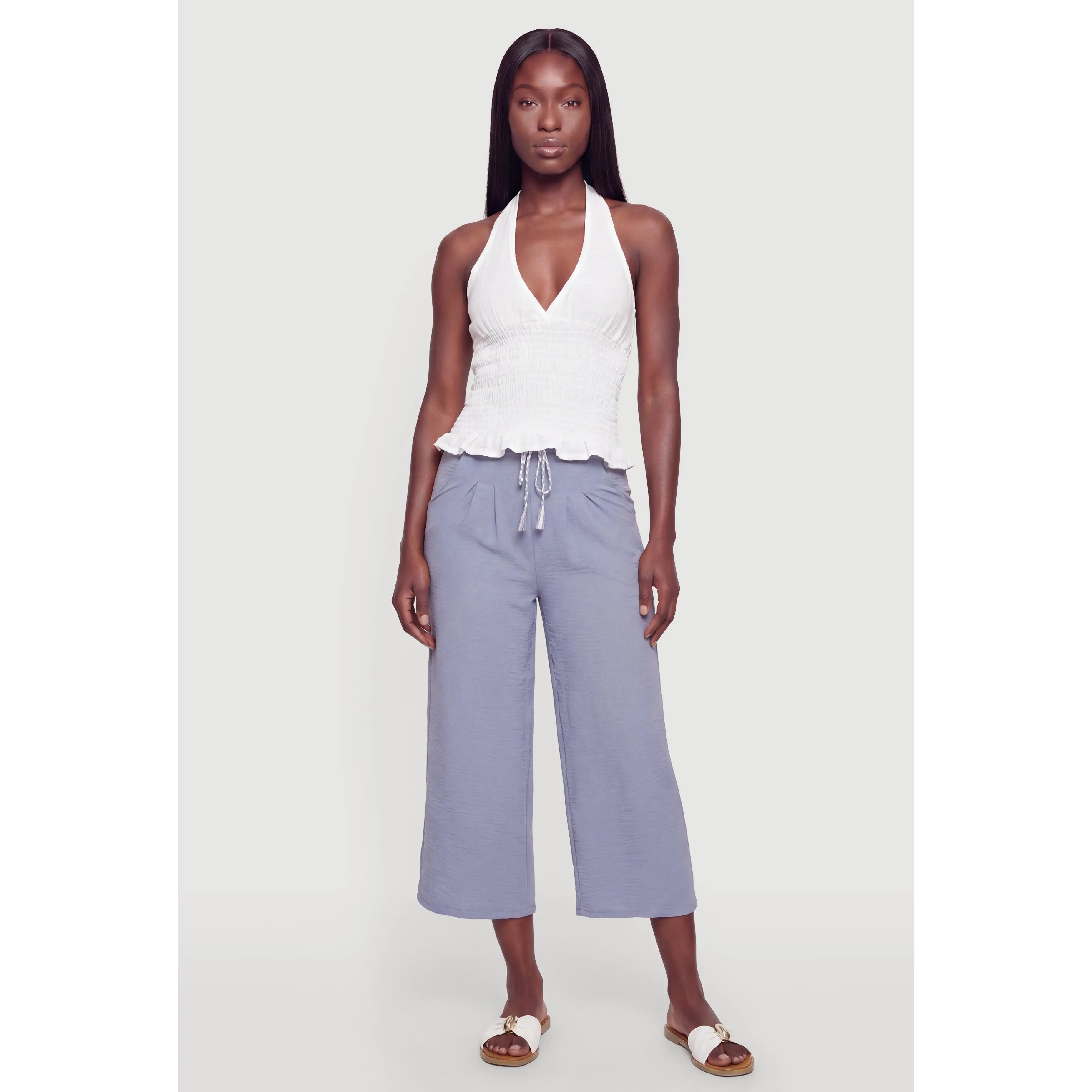 Smocked Waist Tie Back Keyhole Detail Halter Top