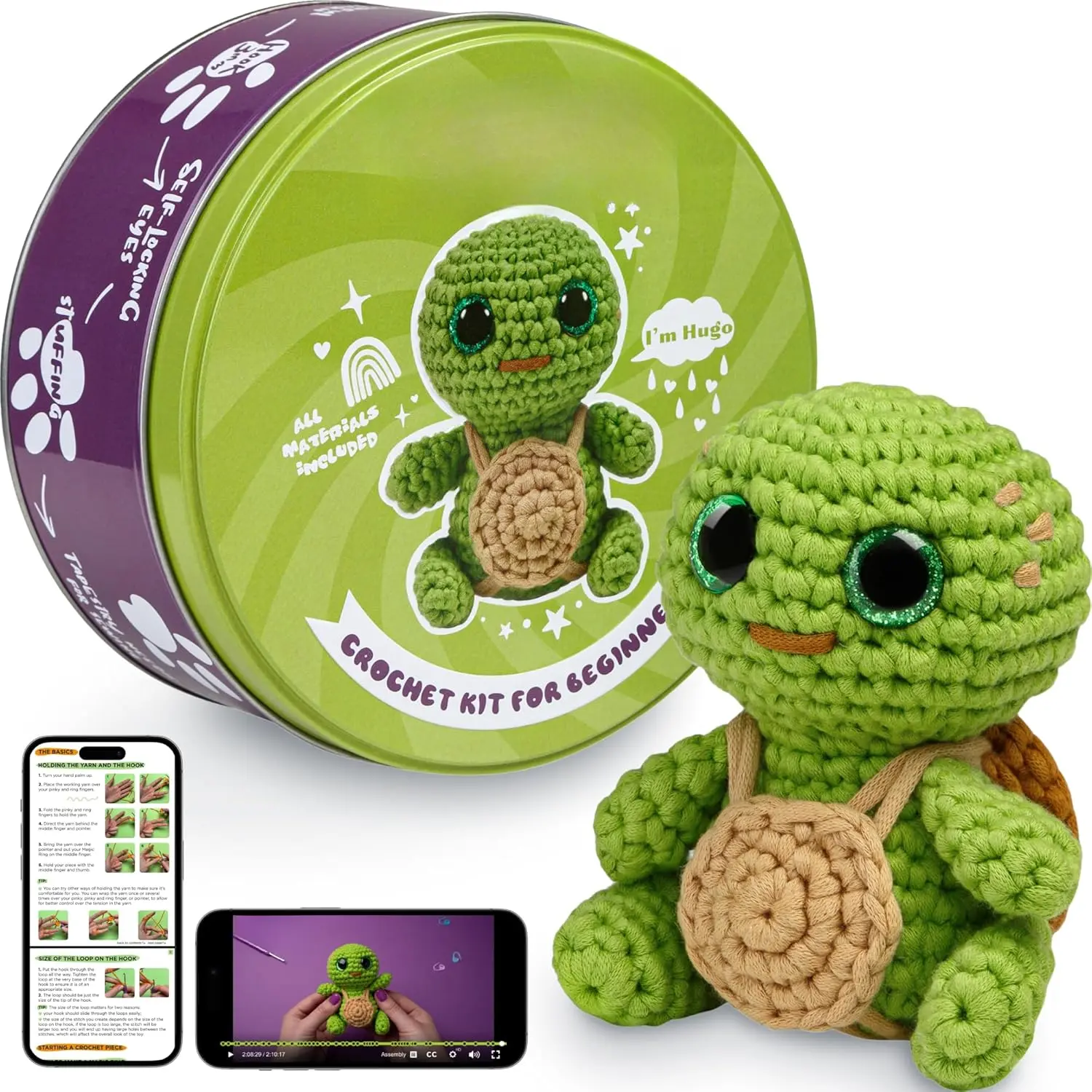 Crochet Kit for Beginners - Learn to Craft Amigurumi Stuffed  - Knitting  for  and Adults - Beginner-Friendly Yarn - Stitch-by-Stitch Video Tutorial - Turtle Hugo