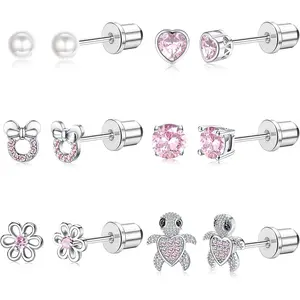 FINREZIO 6 Pairs Silvery Vivid Flower Turtle Stud Earrings for Women Men High-quality Stainless Steel Hypoallergenic Screw Back Earrings Dazzling CZ Heart Flower Turtle Stud Earrings Set
