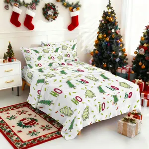 4-piece Christmas-themed bed linen and pillow cover set (1 sheet +1 bed cover +2 pillowcases, coreless) Desserts Christmas tree color decorative strips element print Soft and comfortable bedding for all rooms