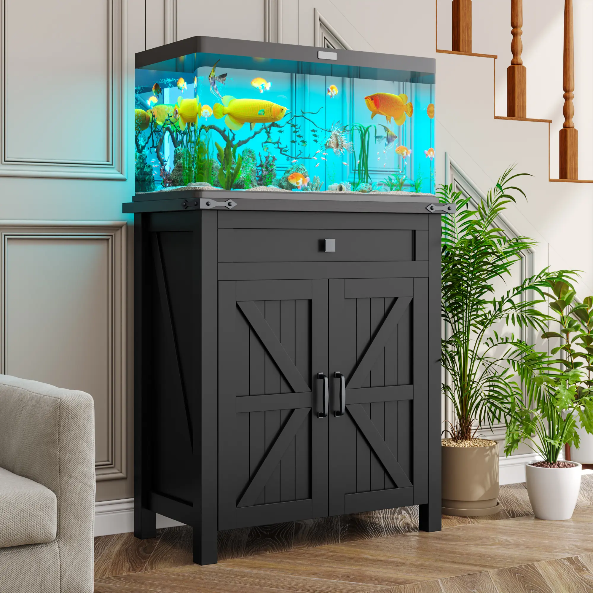 Kepptory 20 Gal 6-in-1 Smart Wooden Fish Tank Stand - 4 AC Outlets, 2 USB Ports, Power Supply, Matte Finish, Adjustable Shelves, Farmhouse Decor Furniture for Home Organization (300 lbs Capacity)