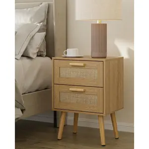 Rattan Night Stand,Modern nightstand Boho Bedside Table with 2 Drawer,Small End Side Table for Bedroom,Living Room,Office,Natural