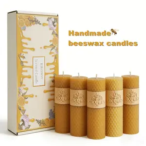 5Pack White/Yellow Hand-Rolled  Beeswax Pillar Candles, 12x4cm Honeycomb Texture, Non-Toxic Clean Burning, Ideal for Home Bedroom Living Room Cozy Atmosphere & Daily Gifting