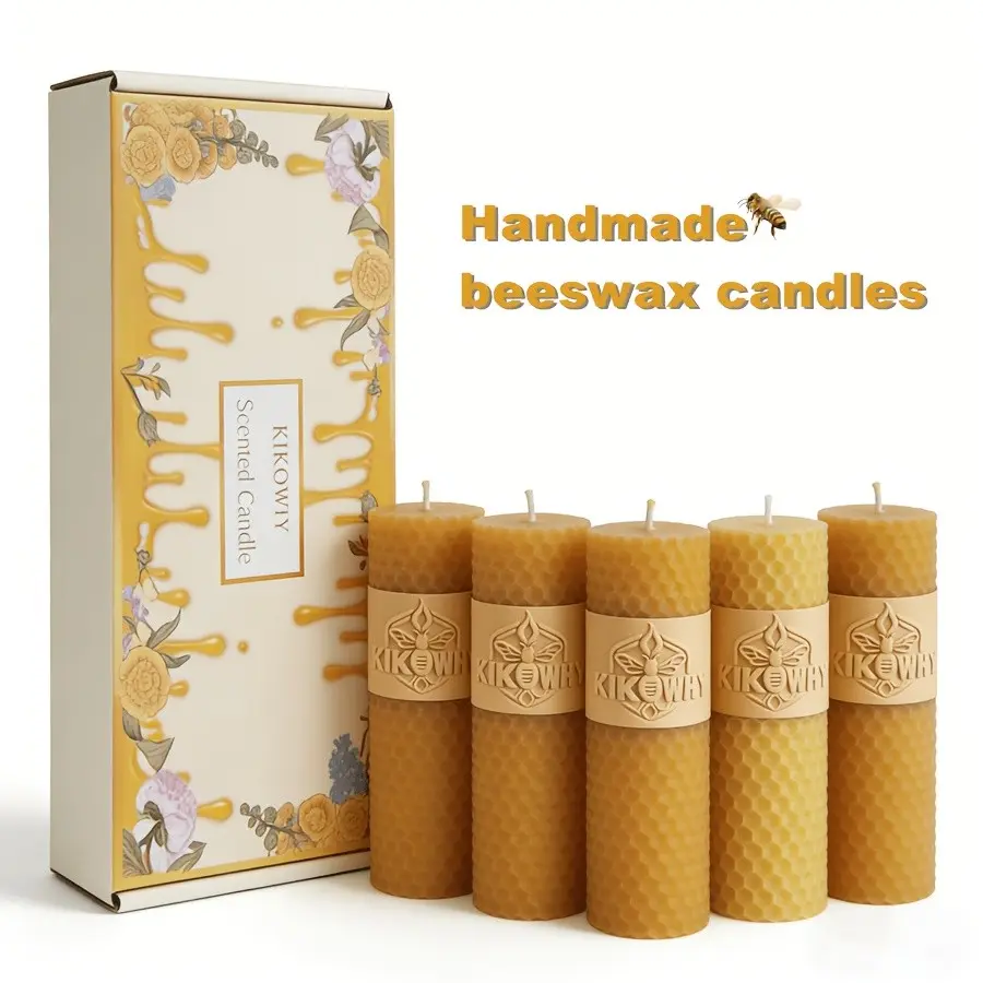5Pack White/Yellow Hand-Rolled  Beeswax Pillar Decorative Candles Set, 12x4cm Honeycomb Texture, Non-Toxic Clean Burning, Ideal for Home Bedroom Living Room Cozy Atmosphere & Daily Gifting, Candle Sets