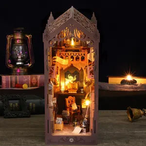 Magic Bookshelf Set Mini Model Building Dollhouse DIY Handmade Toy Kit, Home Bedroom Decor with Furniture Figurines Wooden Craft Gift for Boys