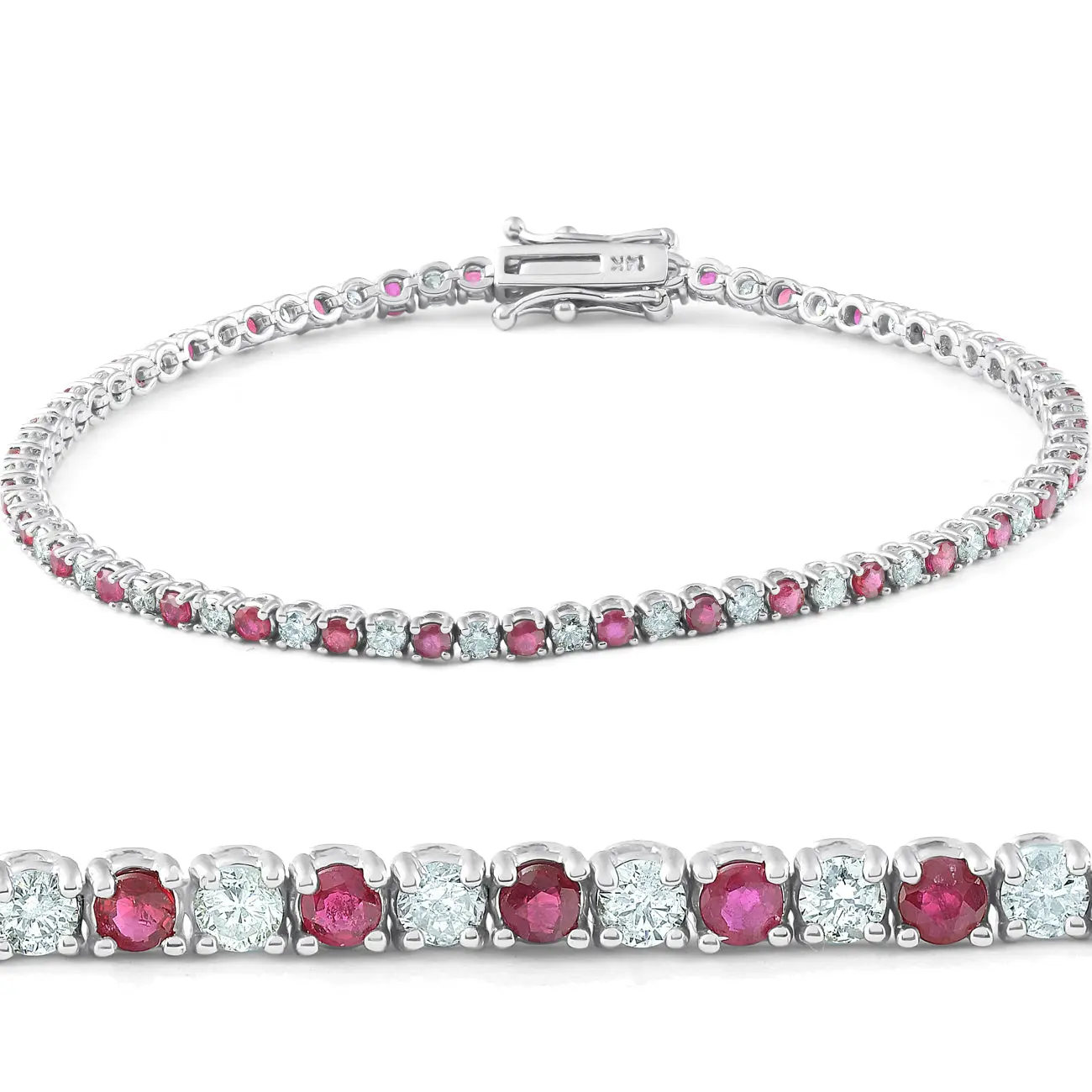 3ct Genuine Ruby & Real Diamond Tennis Bracelet 14K White Gold