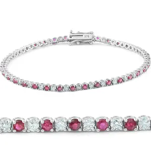 3ct Genuine Ruby & Real Diamond Tennis Bracelet 14K White Gold