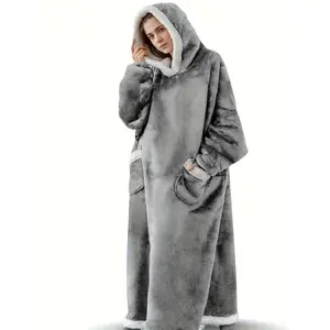 Plus Size Casual Loungewear Robe, Women's Thick Sherpa Fleece Warm Extra Long Wearable With Pockets