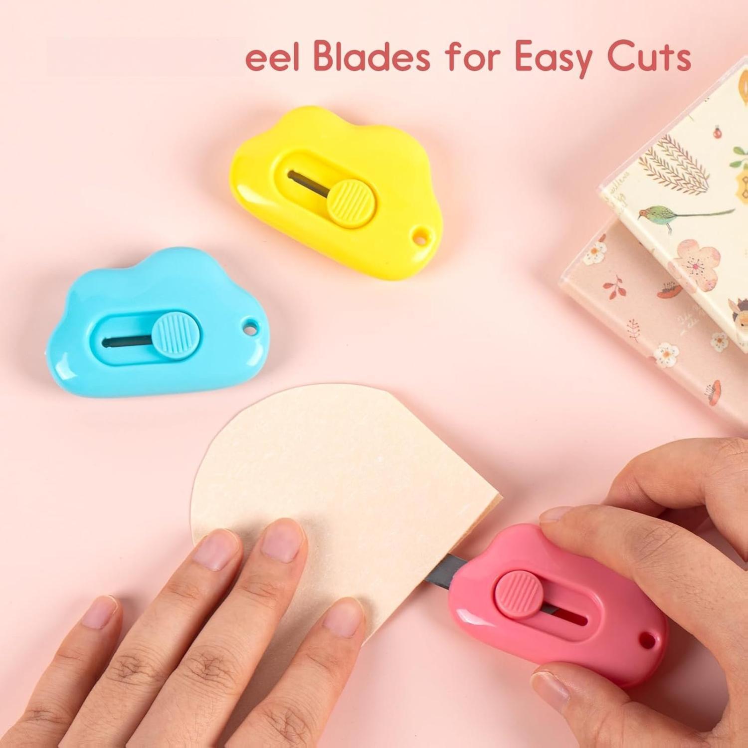 [New Deal] 6Pcs Cloud Box Cutter Retractable, Mini Utility Knife Letter Opener Envelope Slitter, Small Package Opener Paper Cutters with Keychain Hole for Office Home School Stationery DIY Crafts Rainbow Color