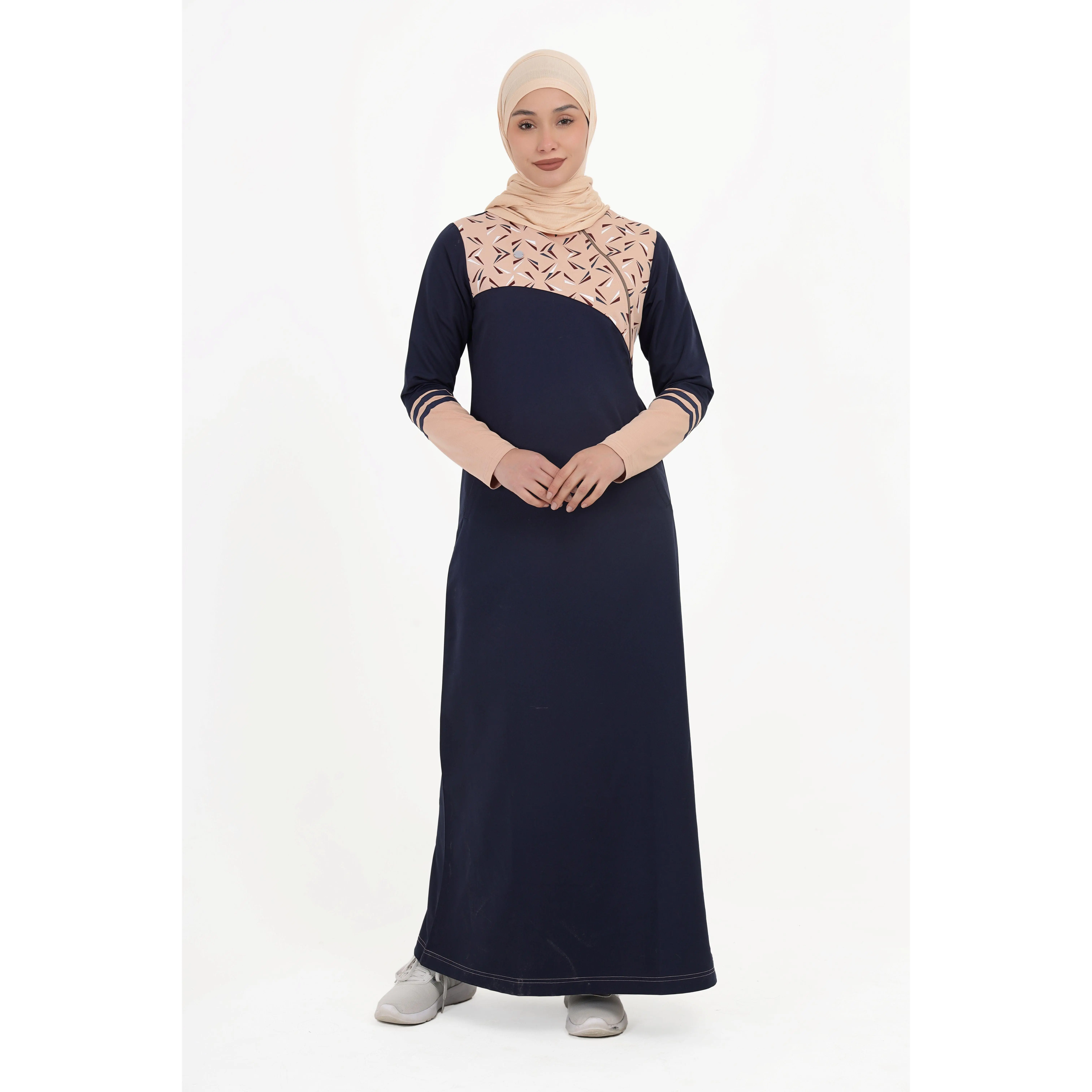 Navy & Tan Linear Print Jilbab