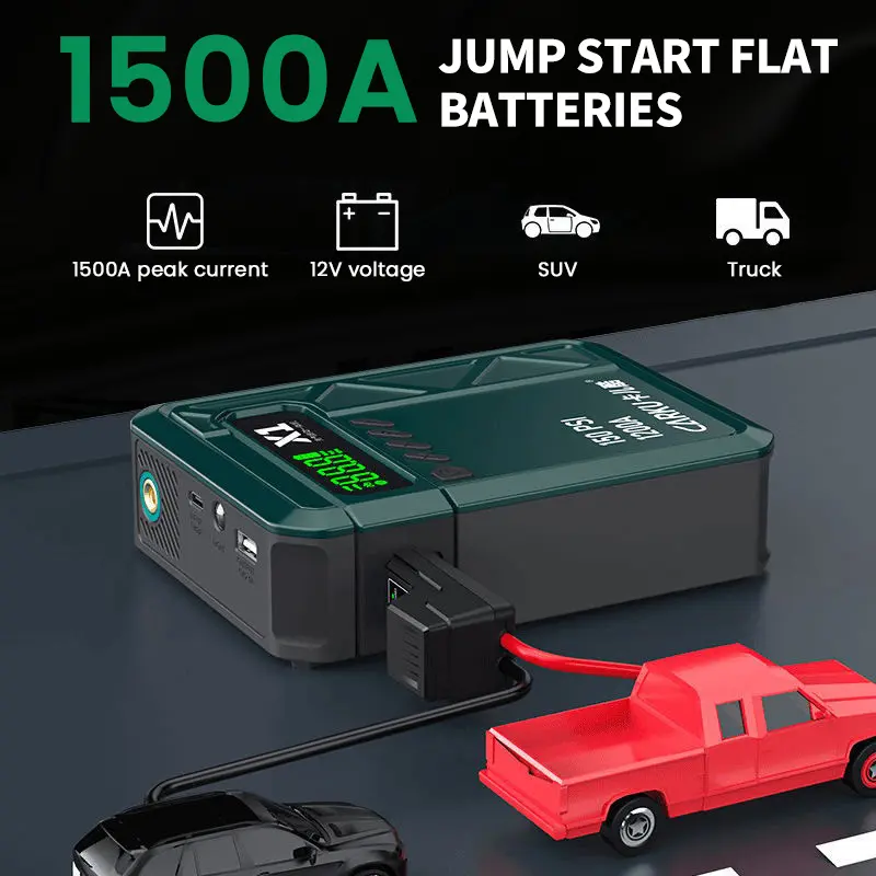 Portable Car Jump Starter with Air Compressor - 1500A Peak Current, 150 PSI Tire Inflator, 10000mAh Power Bank, LED Flashlight for Cars, Bikes battery switch