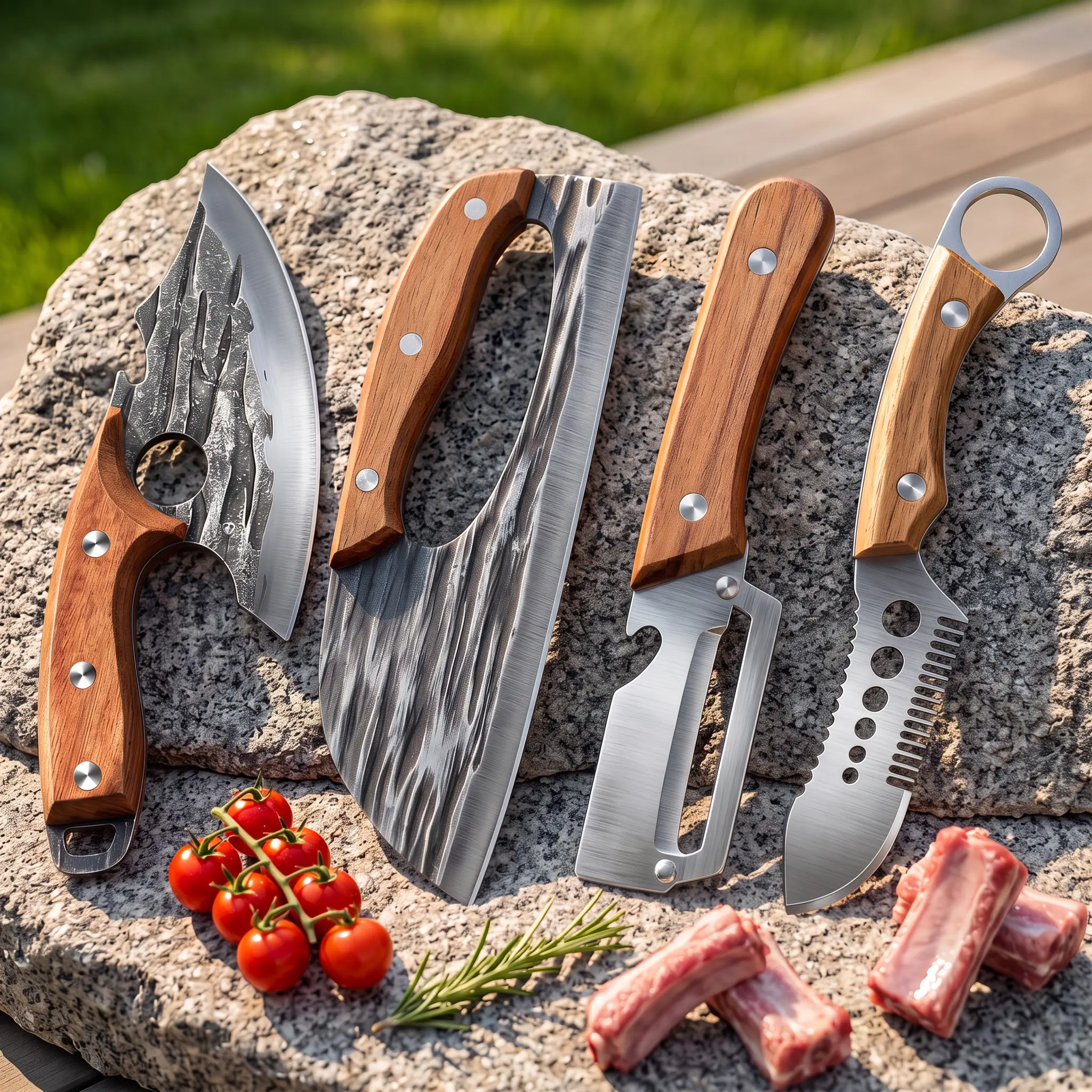 [4pcs-Buy 2 Get 2] Kitchen Knives, Forged Kitchen Knife Set - Forged Carbon Steel Cleaver Knife, Fruit & Veggie Peeler with Sharp Stainless Steel Blade, Stainless Steel Vegetable Peeler with Wooden Handle, Fish scale scraper, Ergonomic Non-Slip Handle.