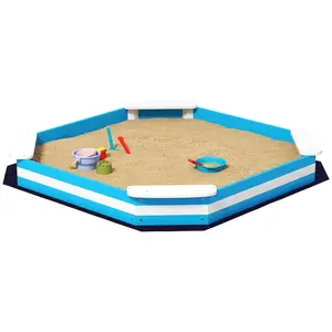 Kids Sandbox with 4 Corner Seats Blue 52 x 52 x 6 Inch Bottom Liner for Backyard Garden Outdoor Natural Drainage for Toddler 3 5 Years Summer Play