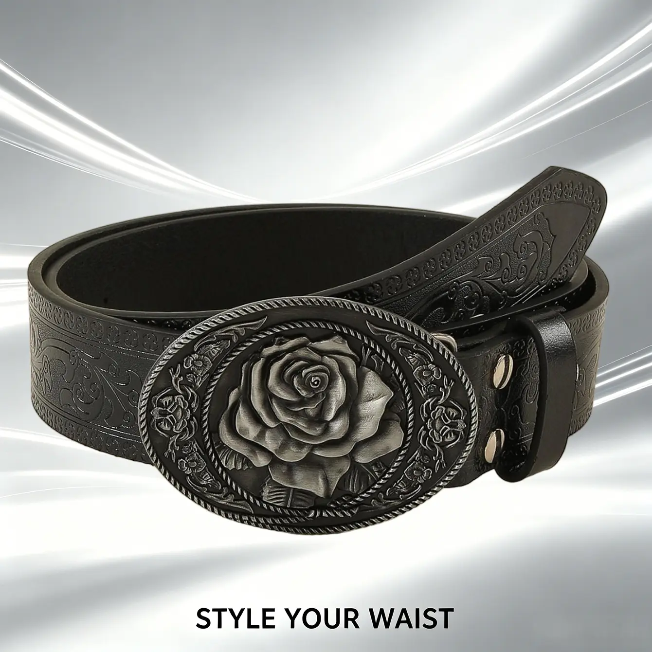Vintage 3D Rose Buckle Tooling Leather Belt | Classic Floral Engraved Leather Belt | Antique Rose Buckle western cowgirl
