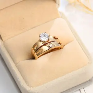 Set of 2 fashionable 14k gold-plated couple rings decorated with crosses, wedding and engagement rings for men and women, anniversary jewelry gift, everyday wear (No box)