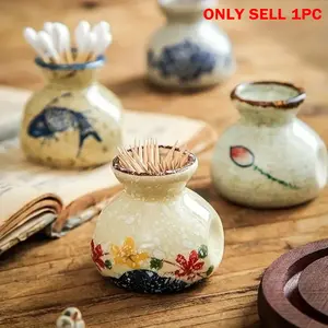Vintage Ceramic Toothpick Holder, 1 Count Fish/Flower Pattern Toothpick Storage Jar, Unique Patterns, Toothpick Organizer for Home Kitchen Restaurant Coffee Shop, Bottles