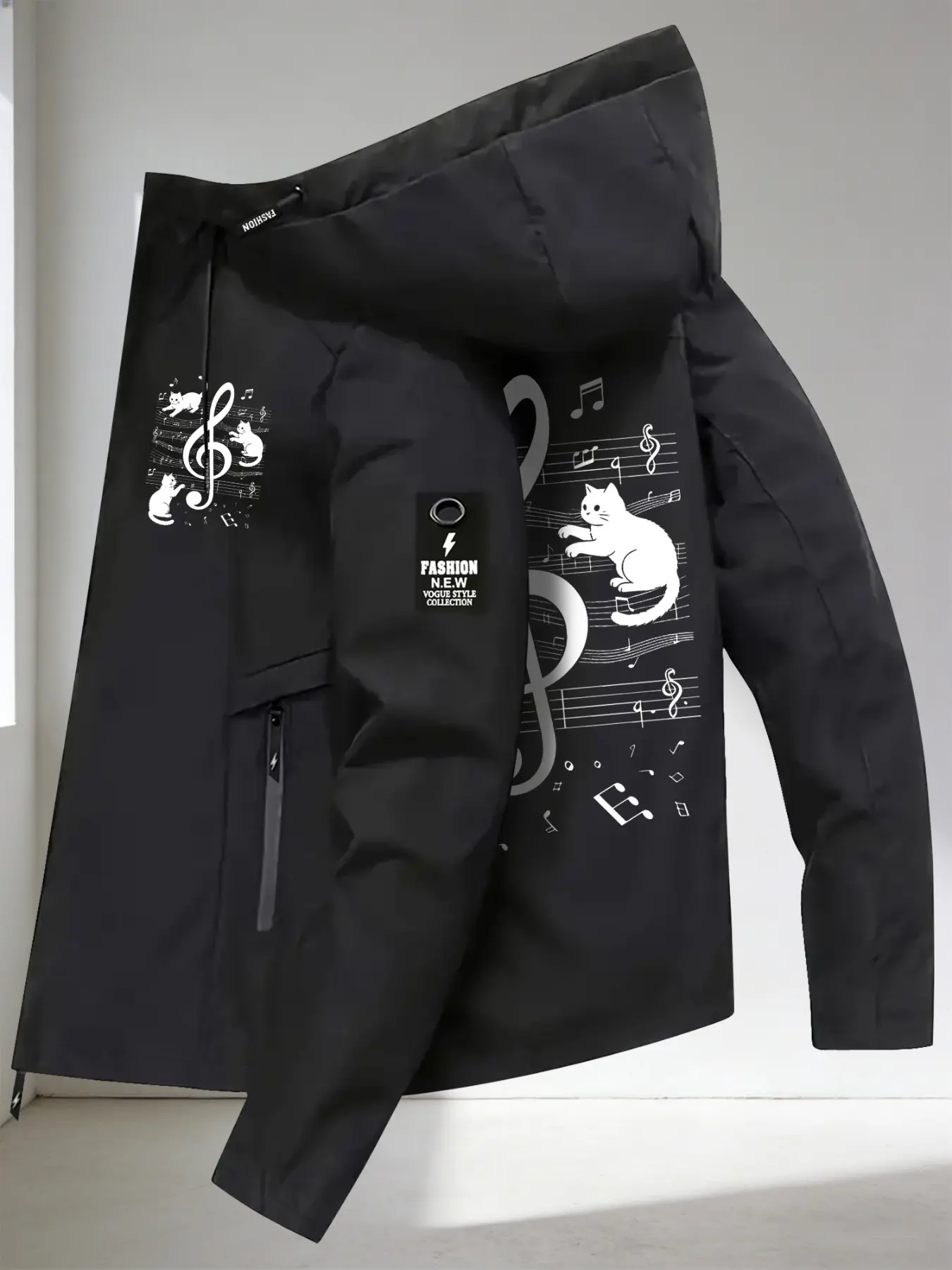Women s Trendy Hooded Jacket Coats Long Sleeve 2 Colors Available With Cat Music Note Print Easy Pull Zipper Loose Fit Soft Fabric Minimalist Design Casual Versatile Daily Commute Weekend Outings Streetwear Fashion Outerwear Womenswear