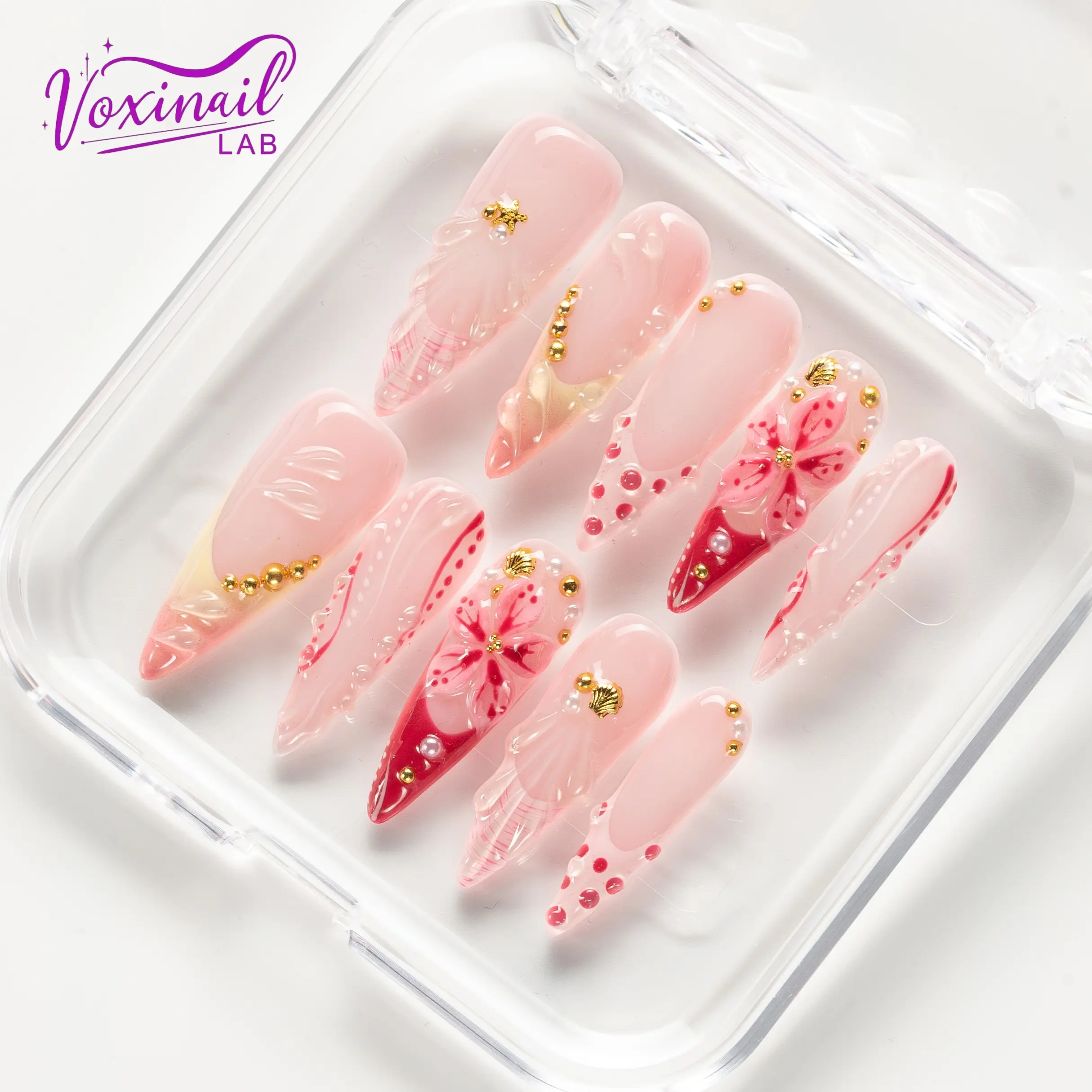 Voxinail Lab | Petal Kiss | Handmade Floral Stiletto Press-On Nails | Acrylic, Reusable, Long-Lasting