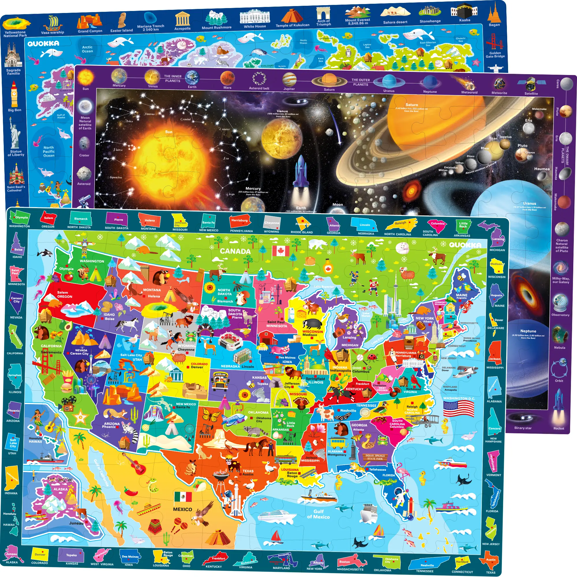 QUOKKA 100-Piece Floor Jigsaw Puzzle for Kids Ages 10-12 - Solar System, USA Map, World Map Designs, Floor Puzzle