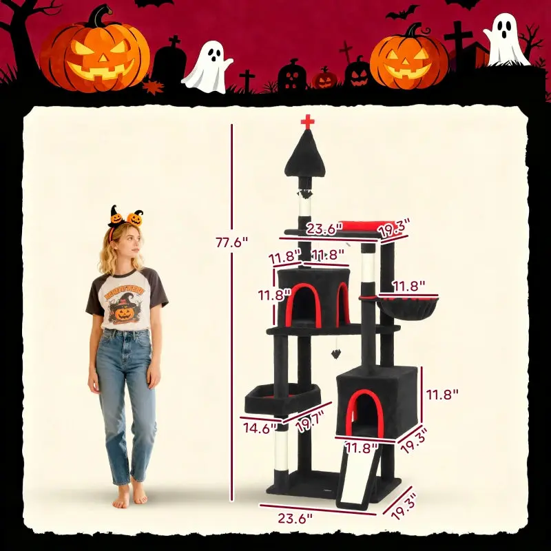 Gothic Cat Tree Tower with Coffin Bed, 2 Spacious Condos, Sisal Scratching Posts & Bat Hanging Balls – Halloween Cat Playground