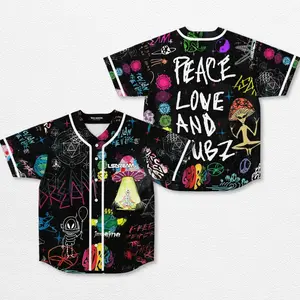 Lsdream Peace Love & Wubz Edition Rave Baseball Jersey, Festival Outfit Trippy Graphic Baseball Jersey Button Up Streetwear Oversized, 420 Lover Graphic Shirt, Gift For Fan Bass Heads/EDM Electronics Music