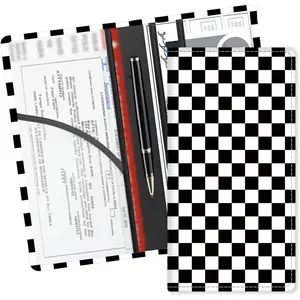 Leather Car Registration and Insurance Card Holder Cute Car Accessories Glove Box Organizer for Documents Cards License Black White Checkerboard