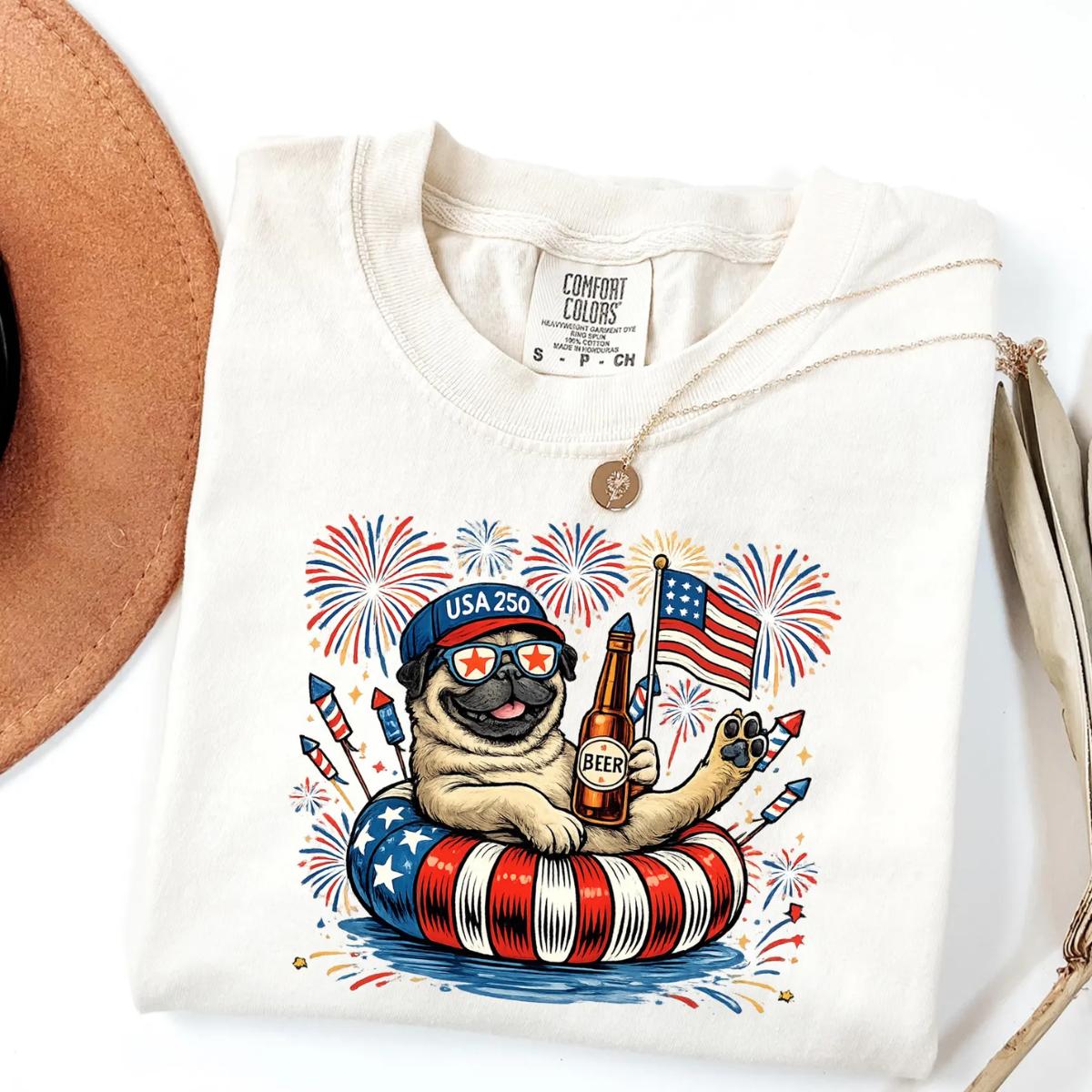 Funny Patriotic Pug Comfort Colors T-Shirt, USA 250 Beer Dog Graphic Tee, 4th Of July Fireworks Shirt, Vintage America Summer Tee